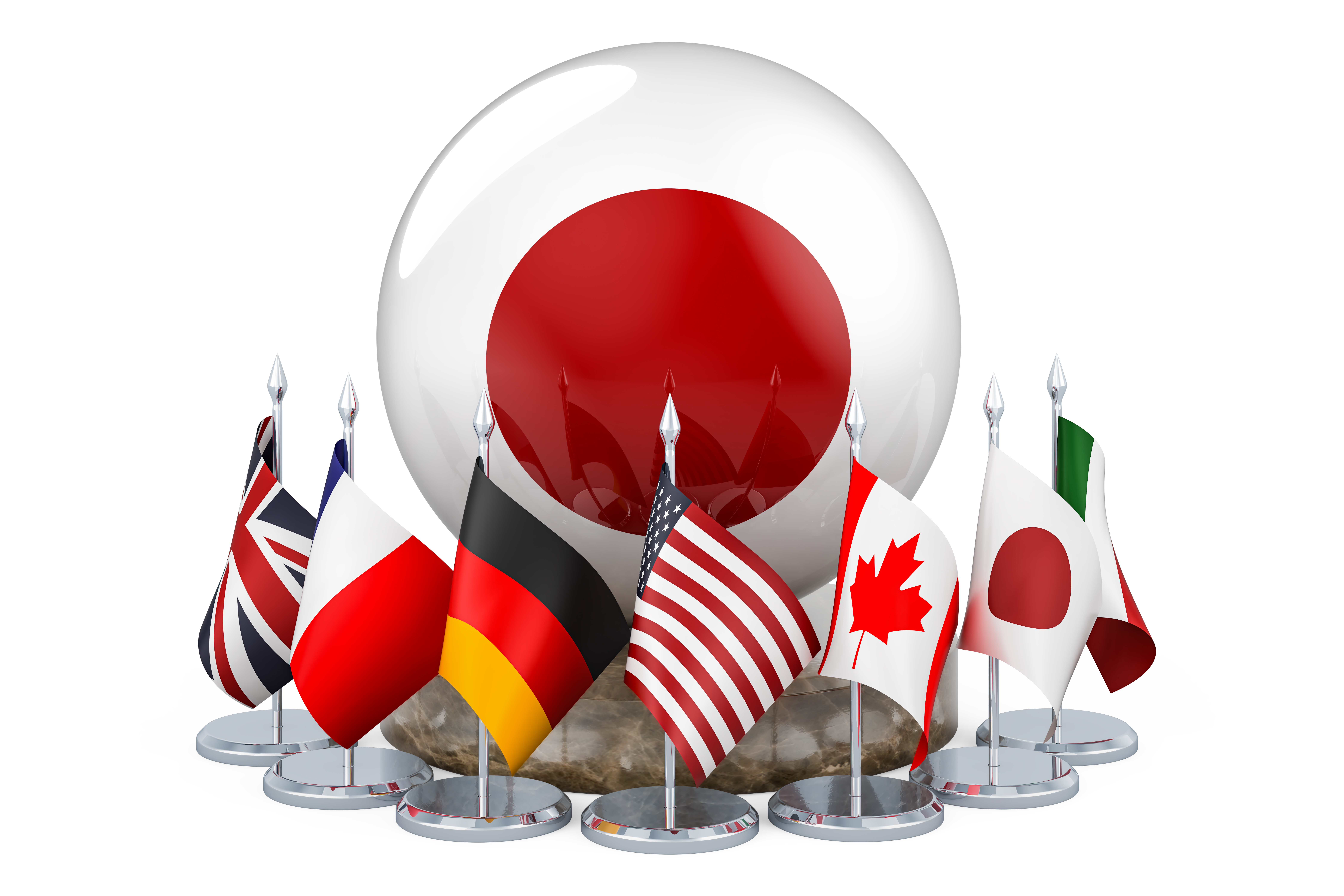 G7國家的旗幟圍繞著一個裝飾著日本國旗顏色的球體。