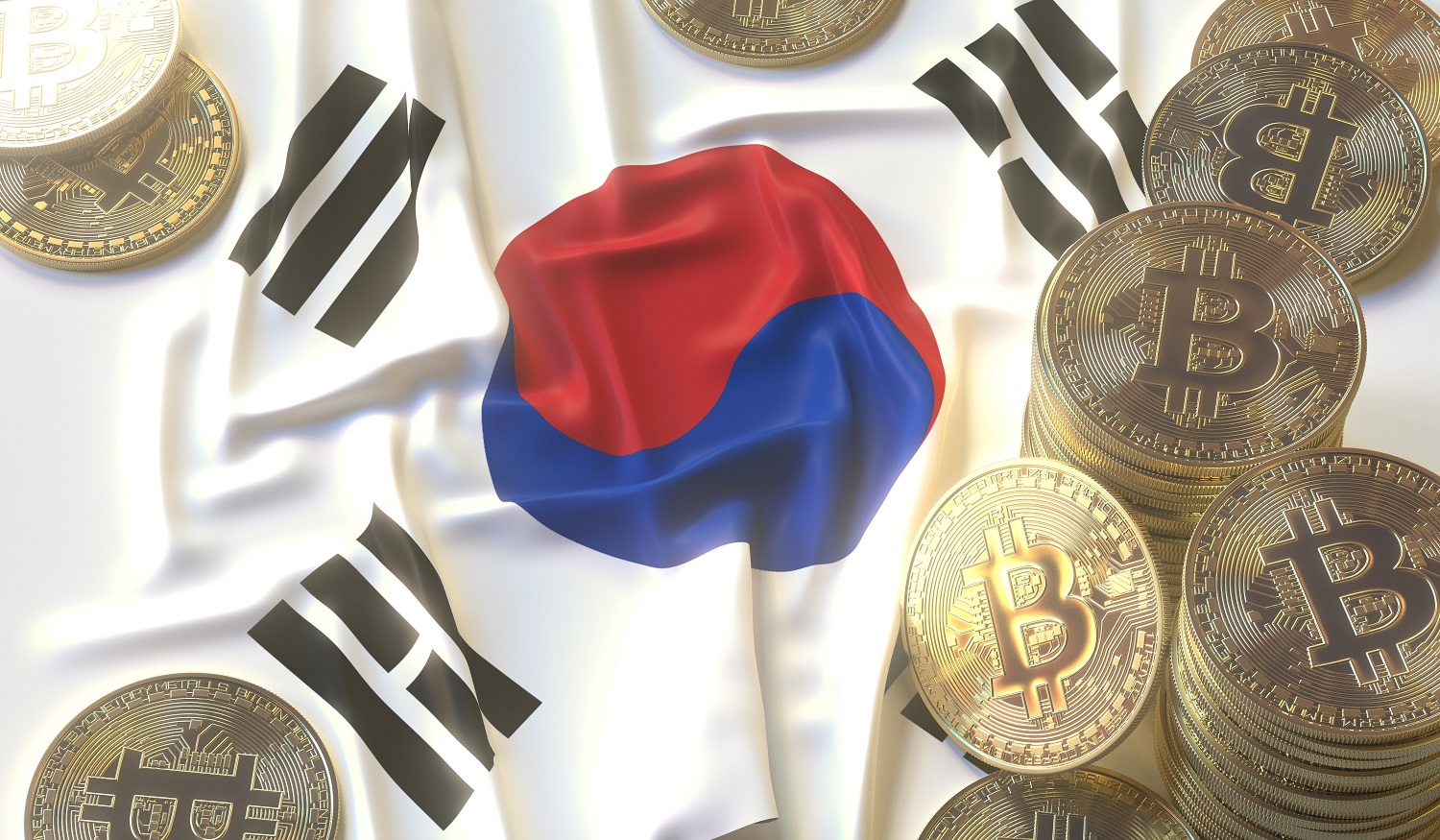 一堆金屬代幣，旨在代表韓國國旗上的比特幣。