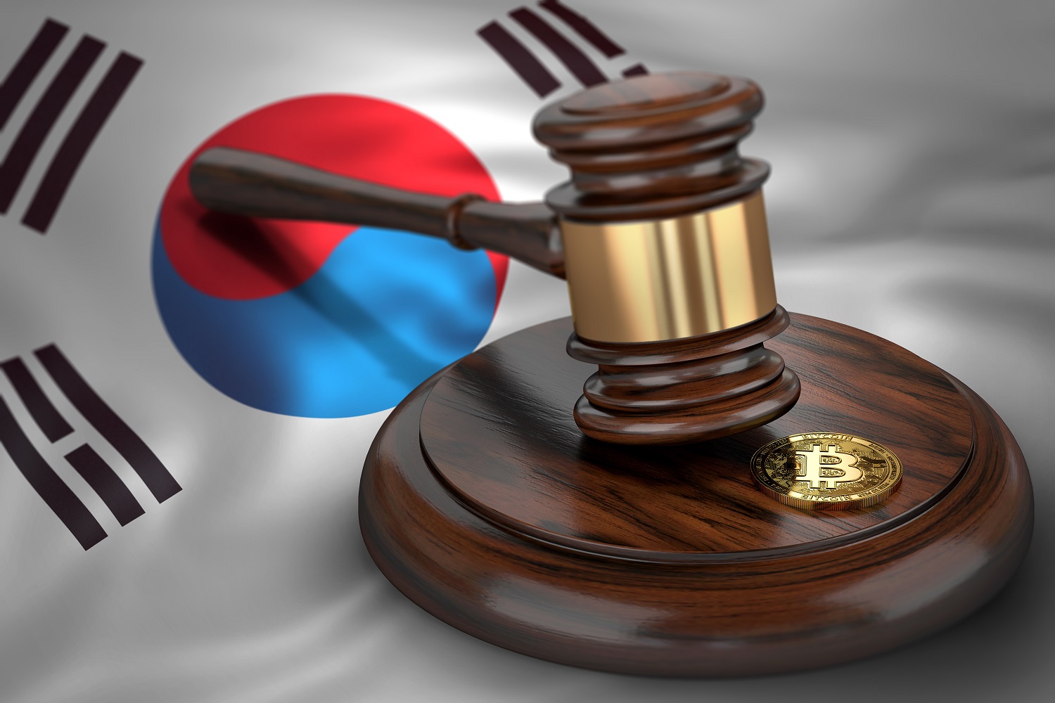 一種旨在代表比特幣和法官木槌的代幣，背景是韓國國旗。