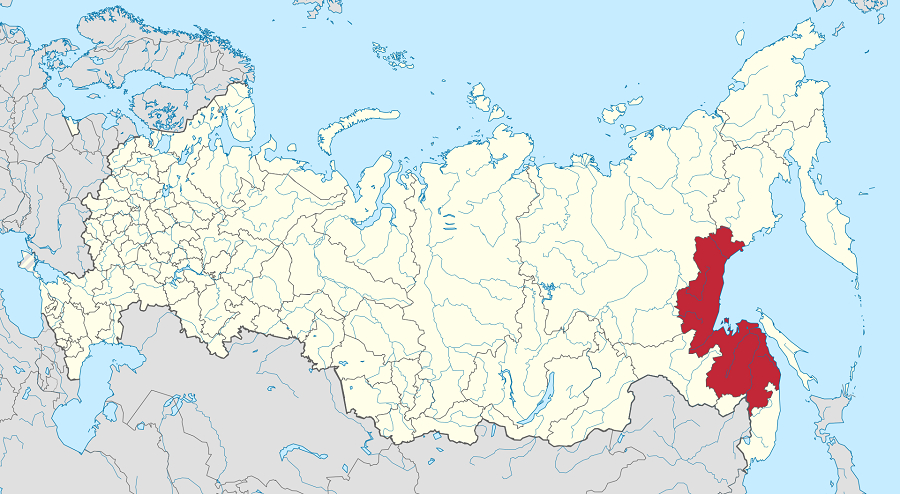 俄羅斯地圖，俄羅斯遠東地區的哈巴羅夫斯克邊疆區以紅色陰影顯示。